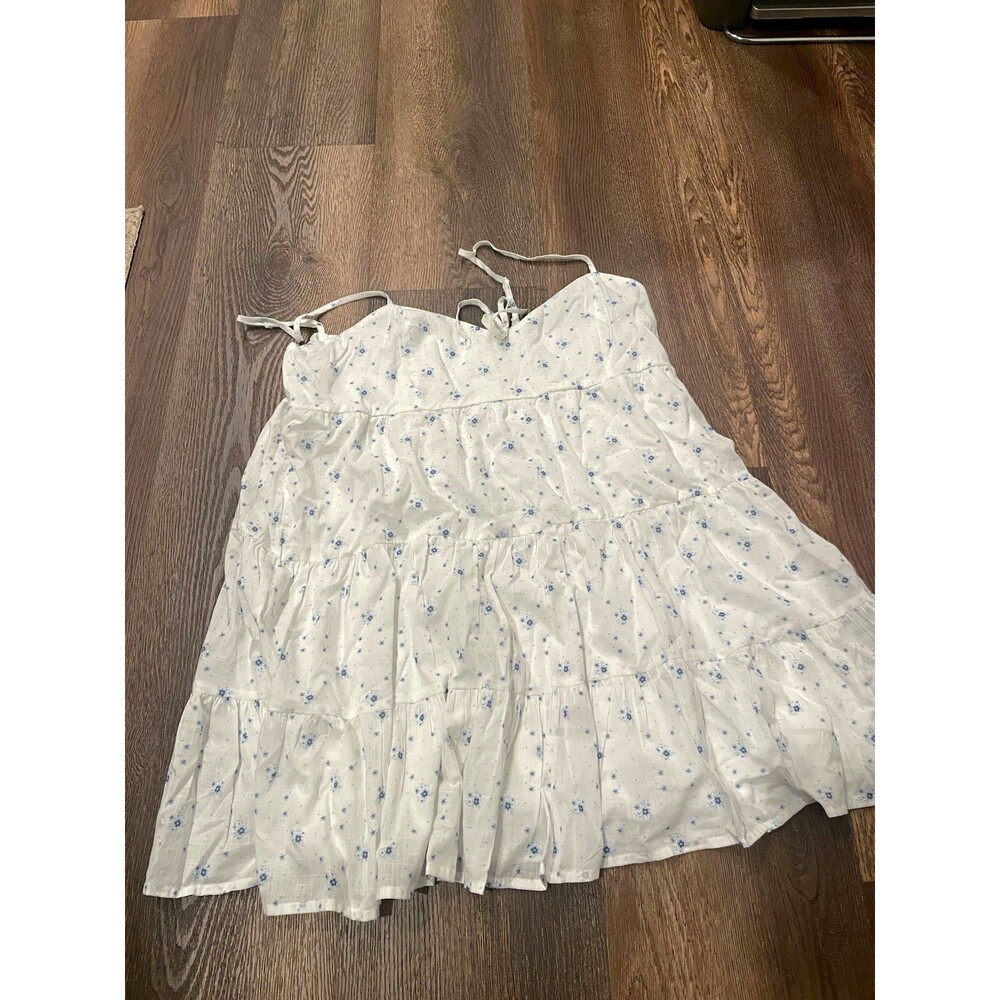 No Boundaries Teens White/Blue Floral V-Neck Spaghetti Strap Lined Mini 2XL